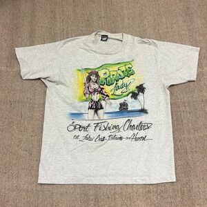 Vintage Pirate Lady Fishing Charter Shirt Mens XL Gray 1990s Ontario